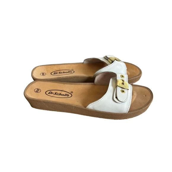 VTG. DR.‎ SCHOLL'S WHITE LEATHER BUCKLE SANDALS SLIDES SIZE 8. - Picture 3 of 7